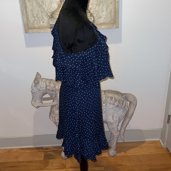 WAYF one shoulder ruffle blue white polka dot mini dress M - Picture 9 of 12